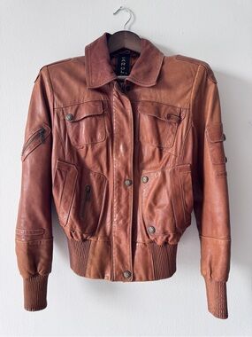 Cognac Brown Leather Bomber Jacket Size M